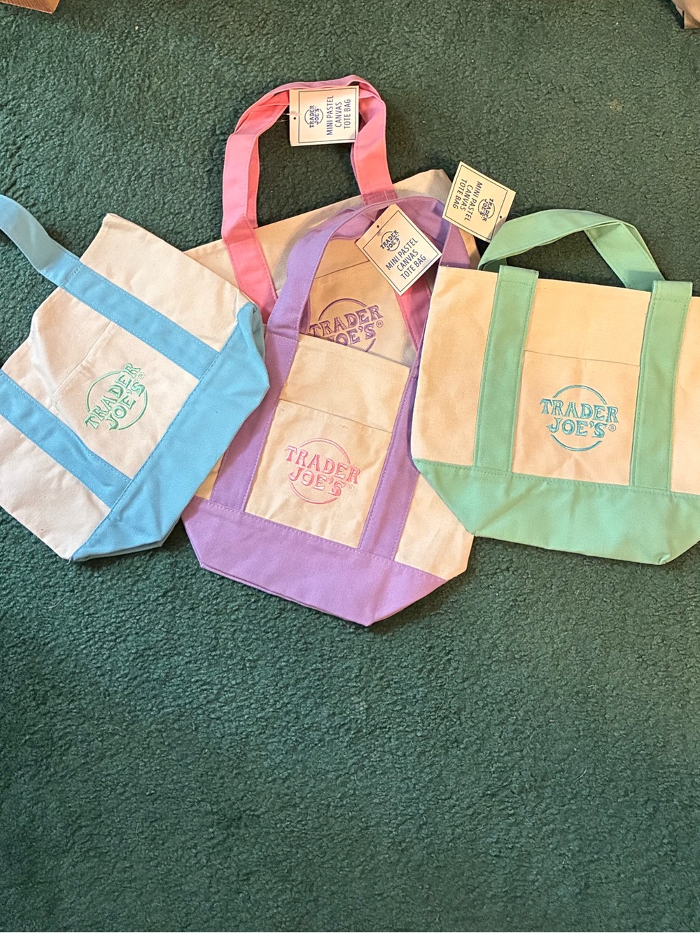 NWT Trader Joe's Mini Pastel Canvas Tote Bag Set of 4; Blue, Lavender, Pink & Gr